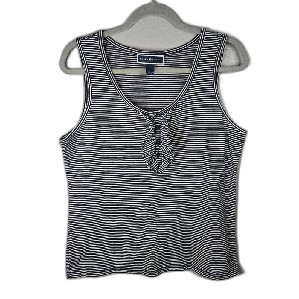 Karen Scott Women's Black and White Striped Sleeveless Tank Top Size Large